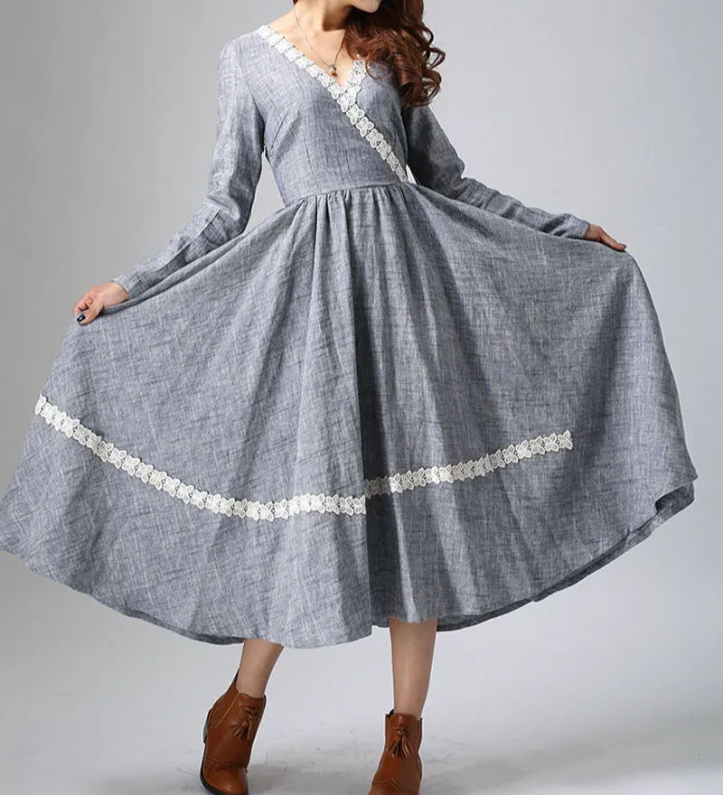 Refined Floral Linen Long Sleeve Maxi Dress
