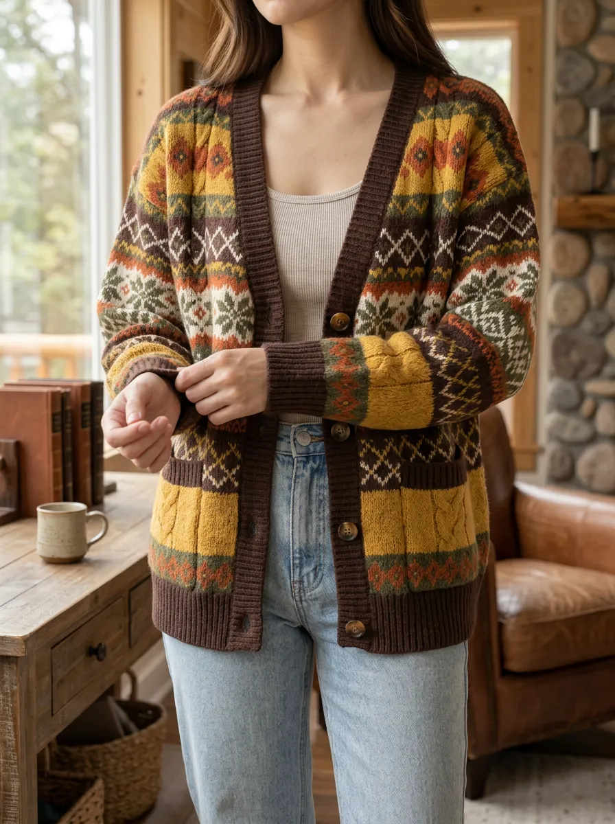 Women's Vintage Fair Isle Pattern Printed Dropped Shoulder Weekend Layering Cardigan