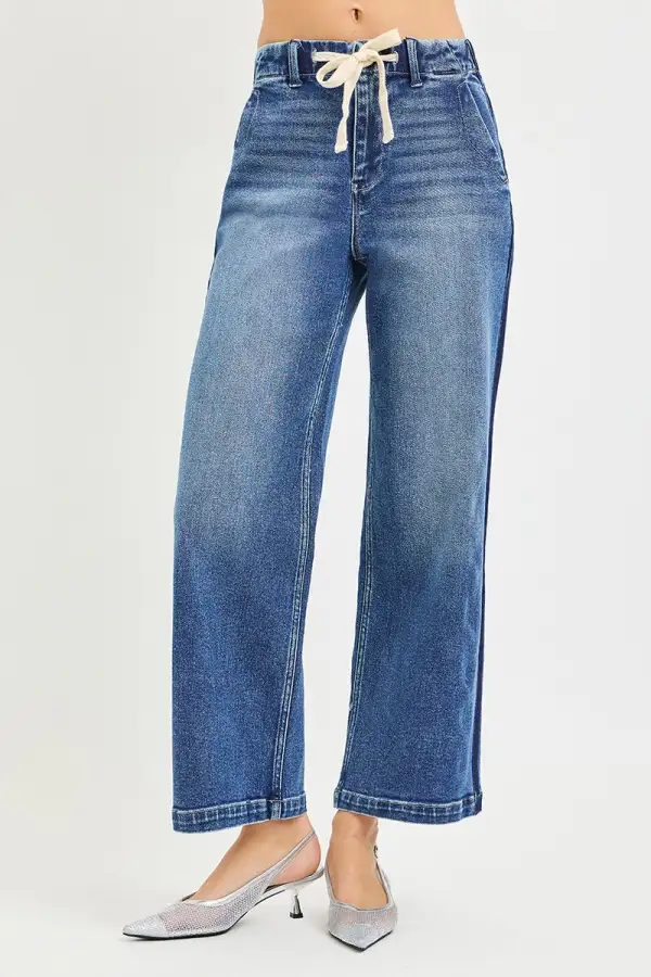 High Rise Drawstring Elastic Waist Wide Leg Jeans