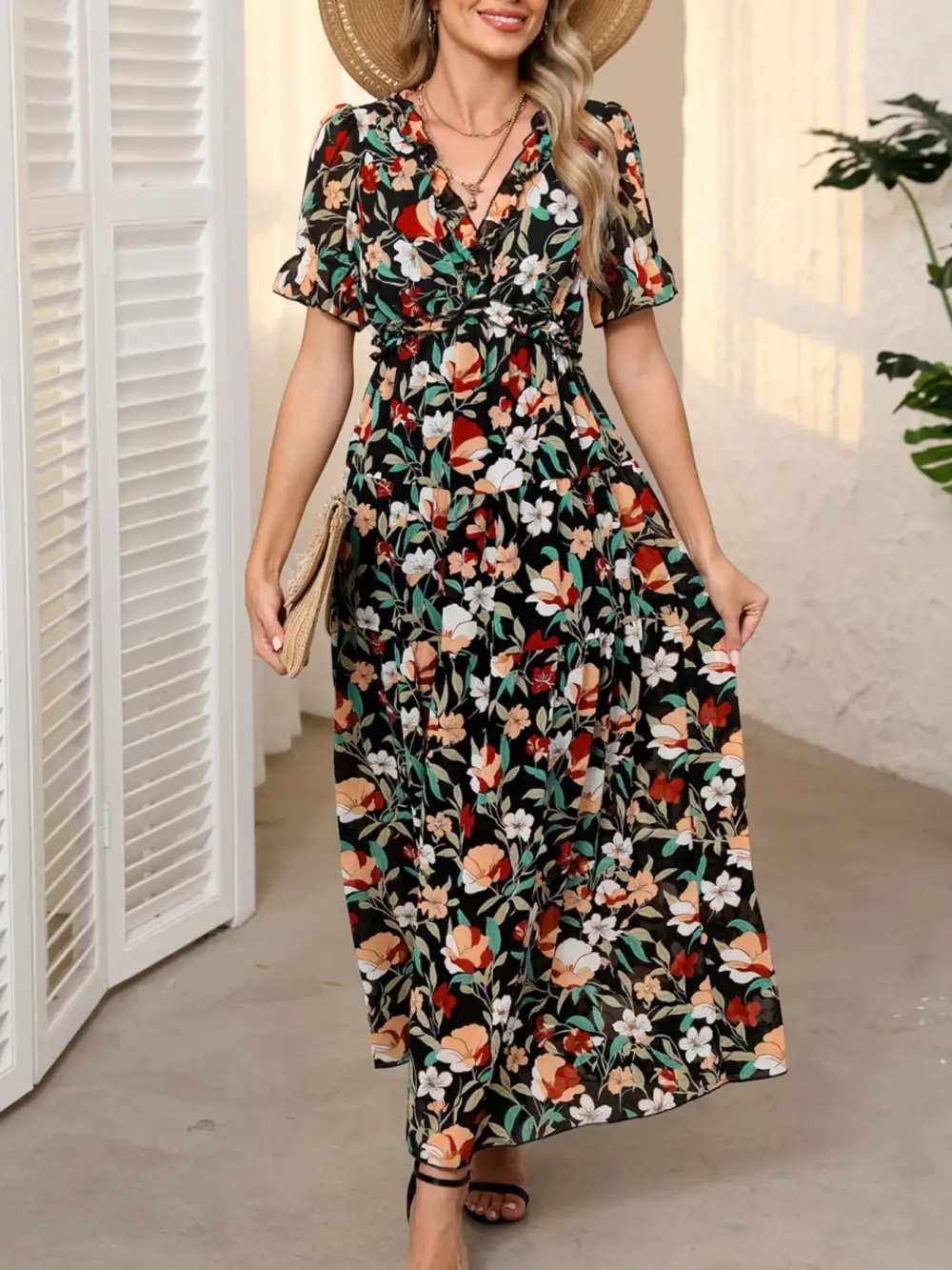 Polished Detail Floral Printed V Neck Maxi Dress