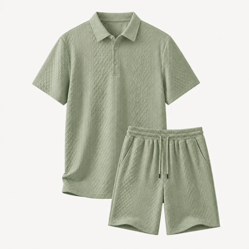 Men's Textured Knit Polo & Shorts Set