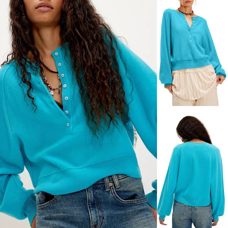Women's Henley Neck Half-Button Knitting Sweater