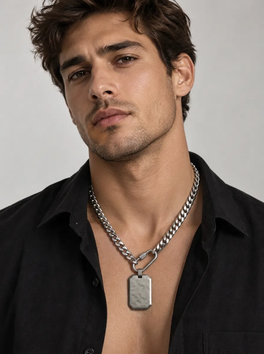 Men's Minimalist Curb Chain Dog Tag Pendant Necklace
