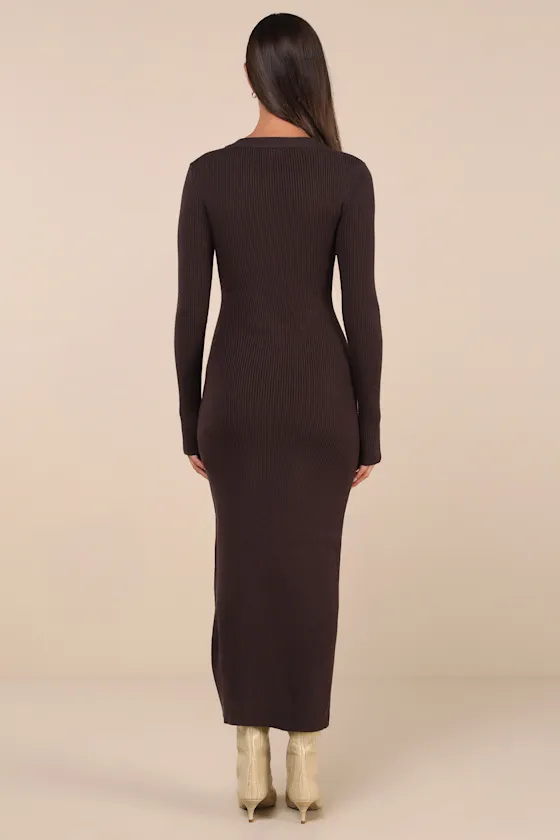 Refined Attitude Black Ribbed Side Button Midi Sweater Dress