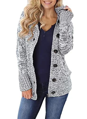 Women Hooded Knit Cardigans Button Cable Sweater Coat
