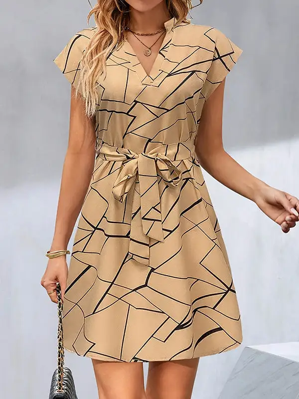 A Line Relaxed Printed Tied Waist V Neck Mini Dress