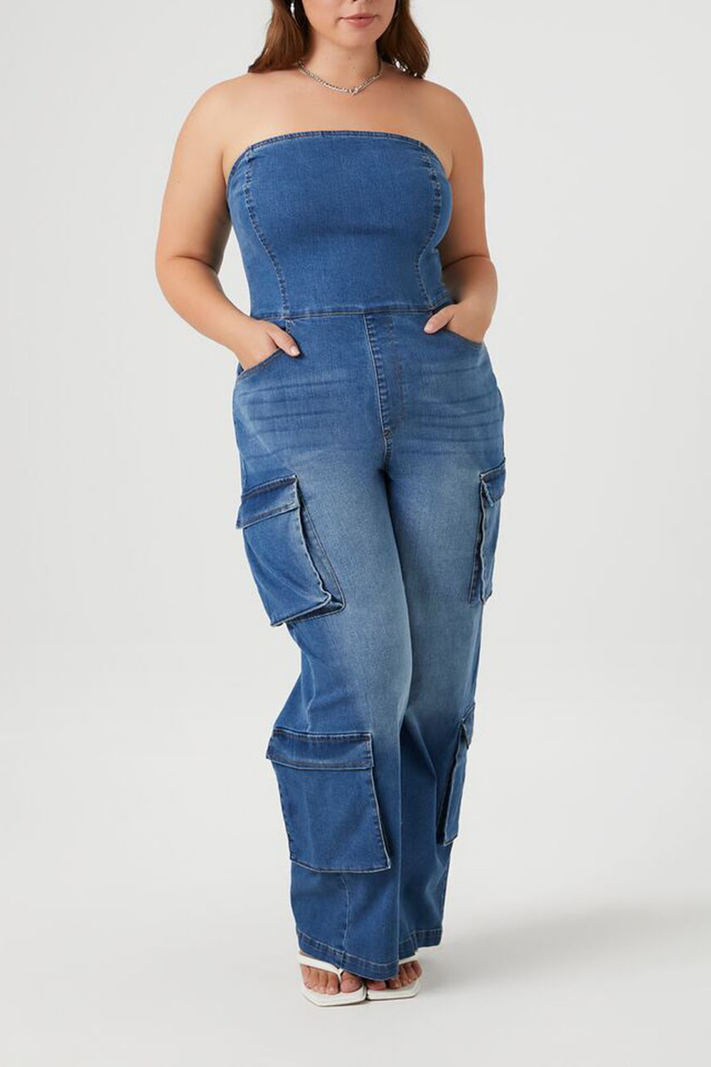 Plus Size Strapless Denim Jumpsuit