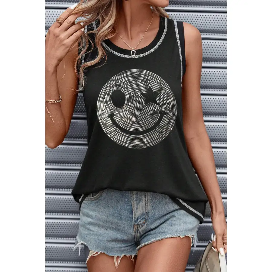 Rhinestone Smile Face Round Neck Tank