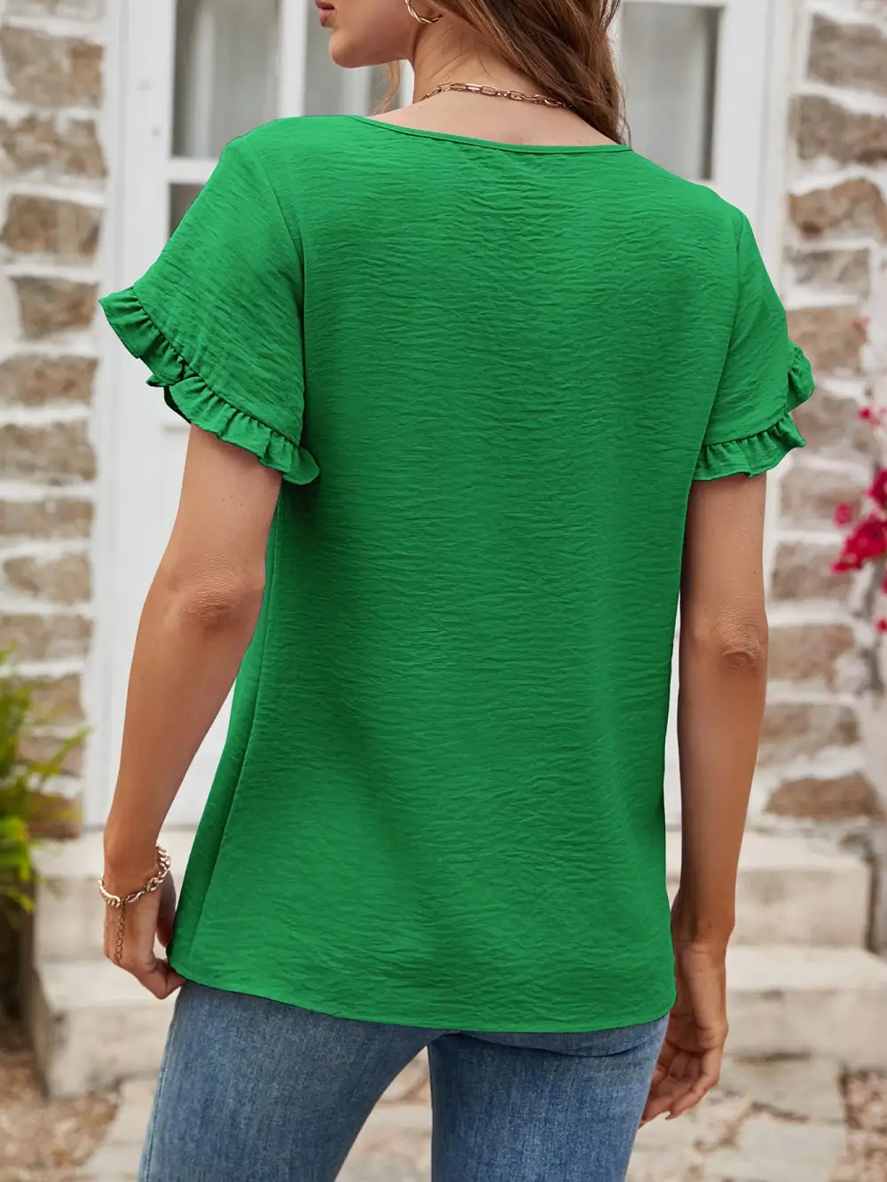 Textured Petal Sleeve Round Neck T-Shirt