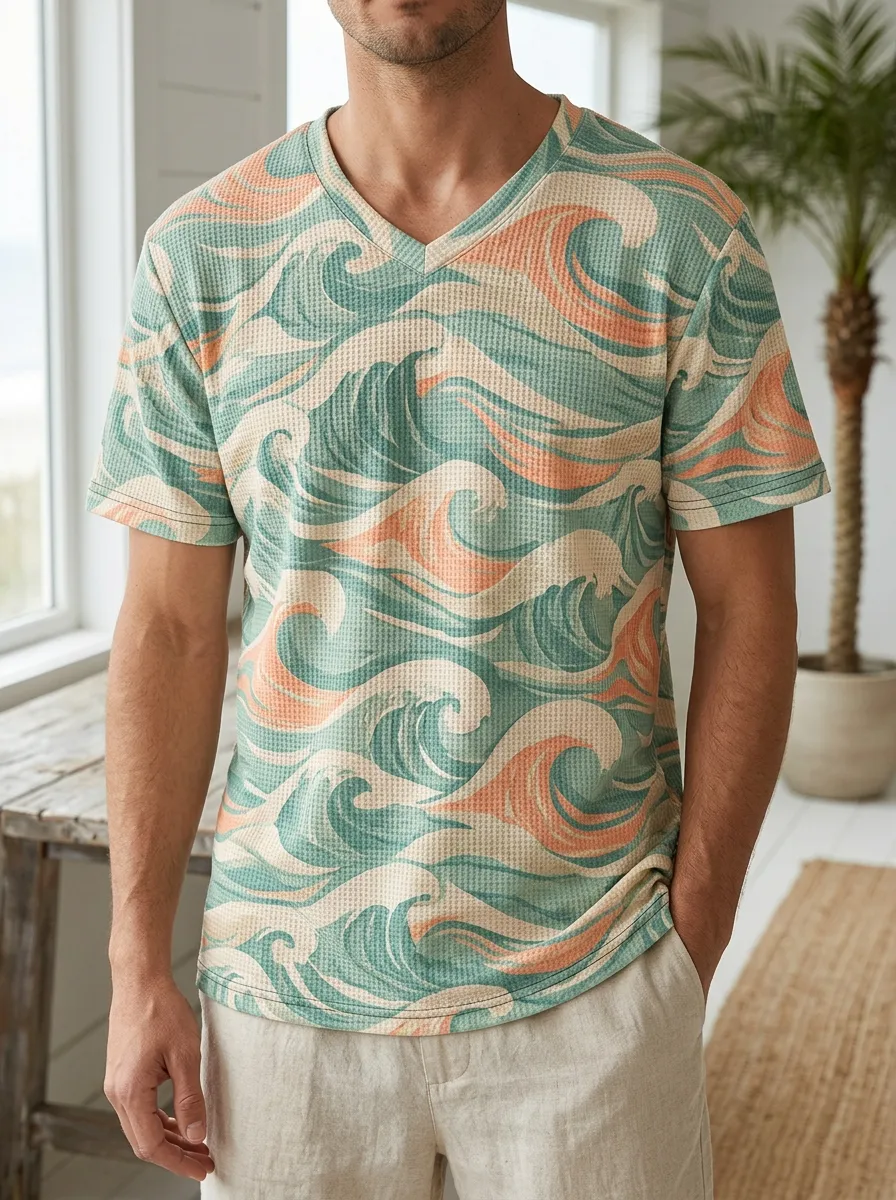 Men's Beach Summer Ocean Wave Printed V-Neck T-Shirt