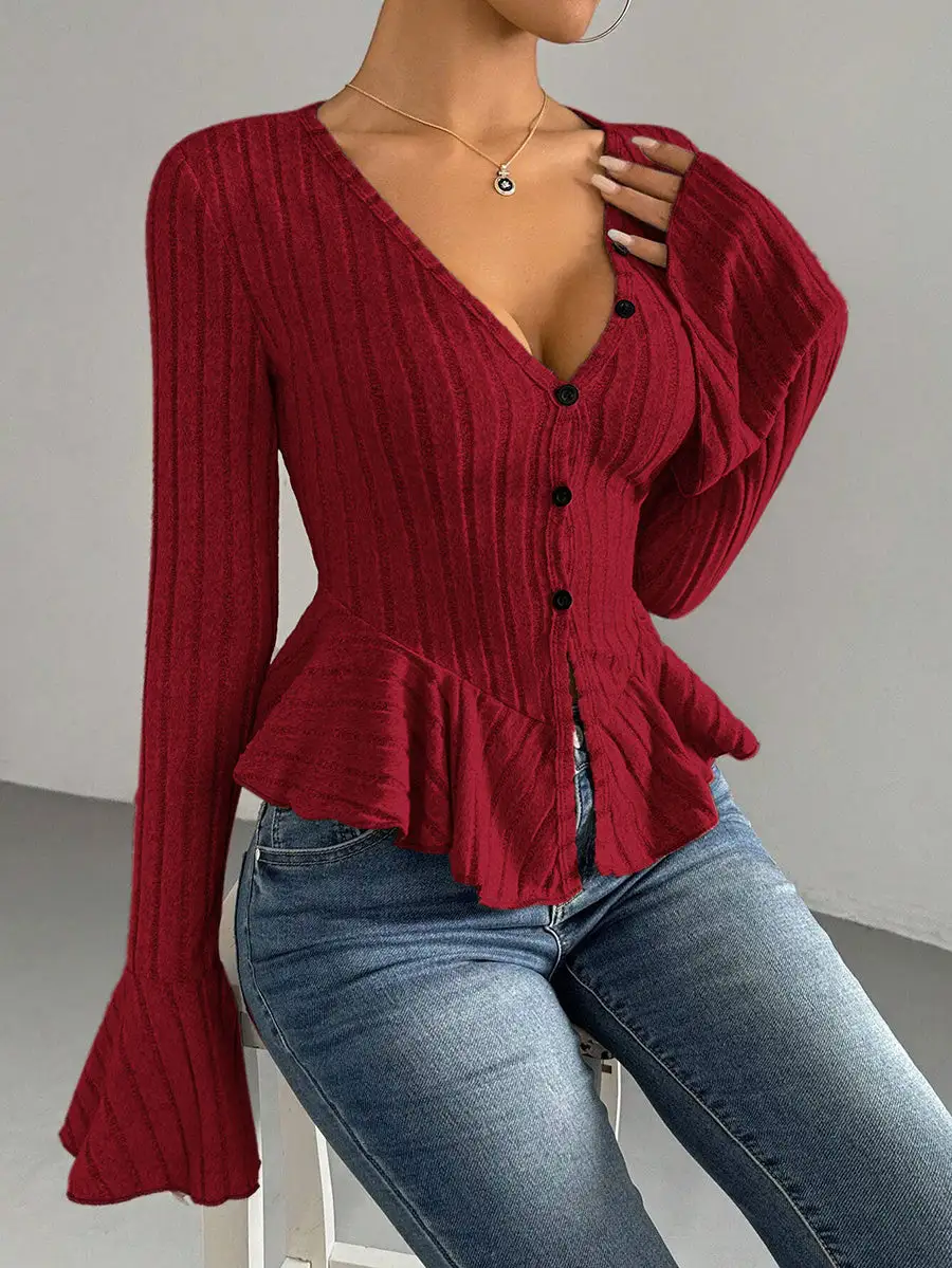 Flared Sleeve Long Sleeve Button Detail Ruffle Panel Detail Deep V-Neck T-Shirt
