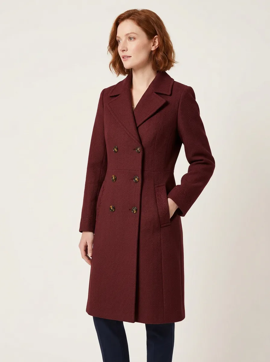 Women's Camel Leaf Embroidery Double-Breasted Wool Coat