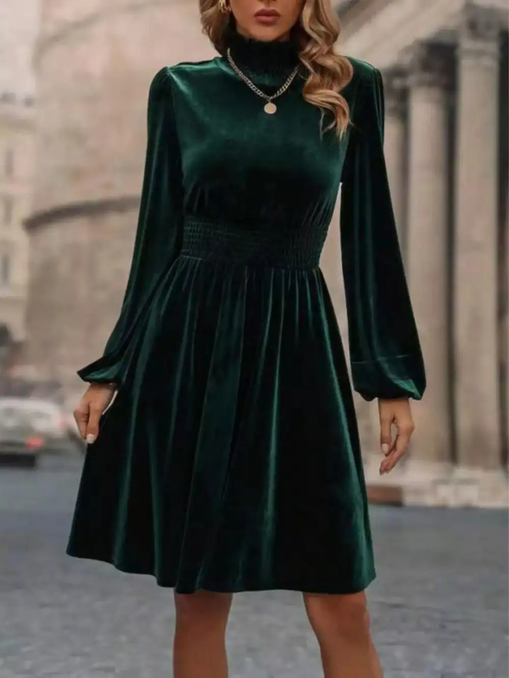 Velvet High Neck Long Sleeve Dress Casual