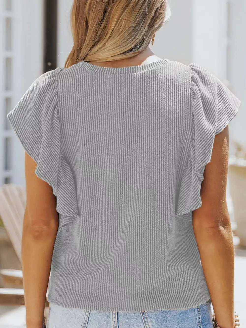 Ruffled Sleeve Ribbed Knit T Shirt Plus