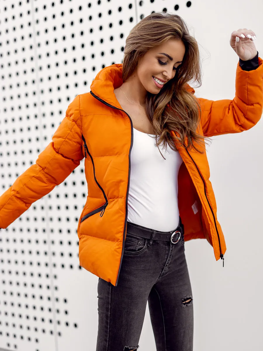 women's orange quilted winter jacket without hood