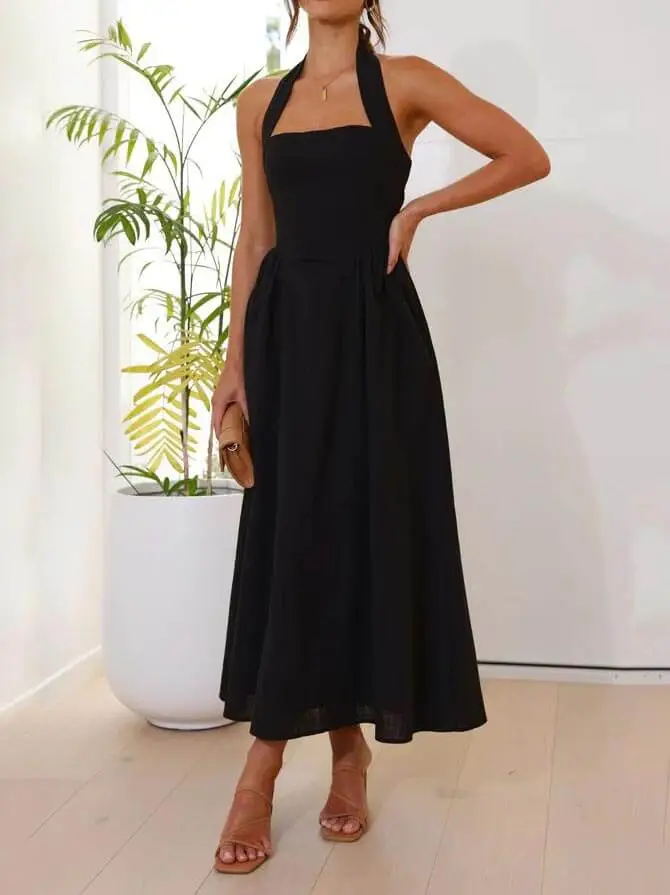 Halter Neck Waist Little Mid Length Midi Dress