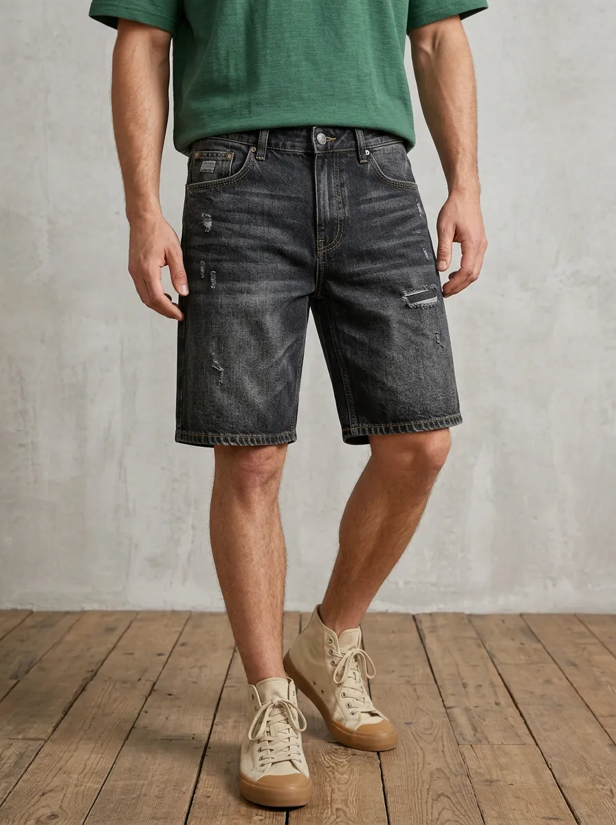 Men's Denim Distressed Denim Shorts with Button Fly