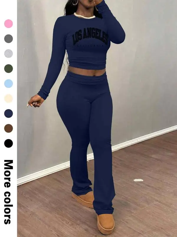 Women's Letter Print Long Sleeve Crop Tee & Plain Flare Leg Pants Two-Piece Set