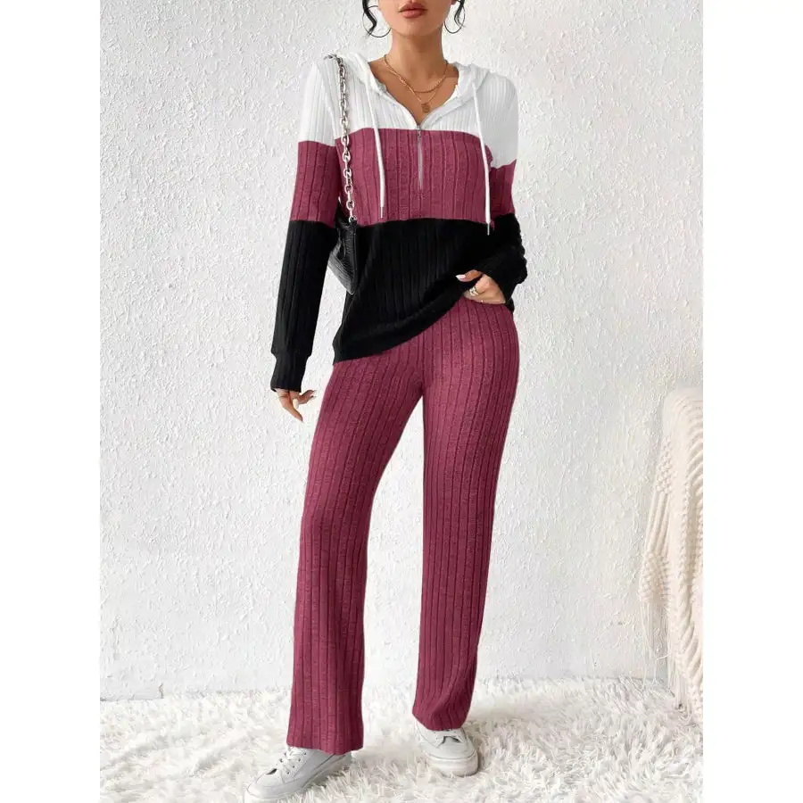 Block Half Zip Hooded Top and Pants Set