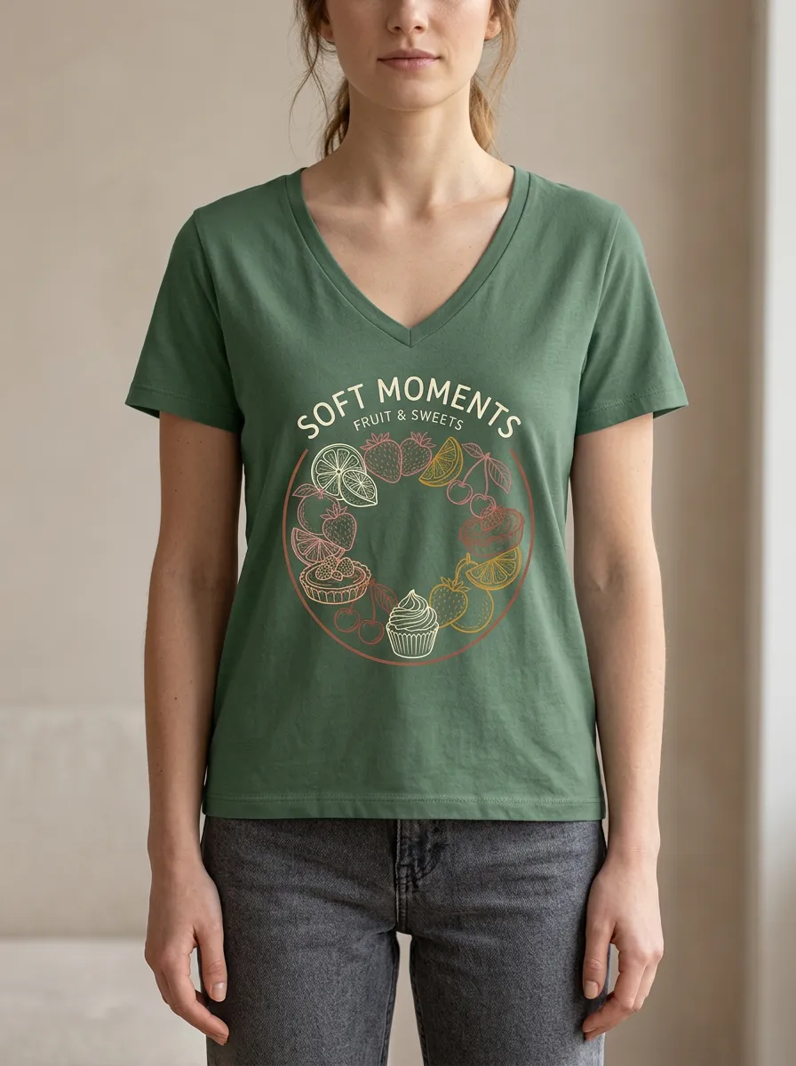 Women's Fruit And Sweets Soft Moments Print V-Neck T-Shirt