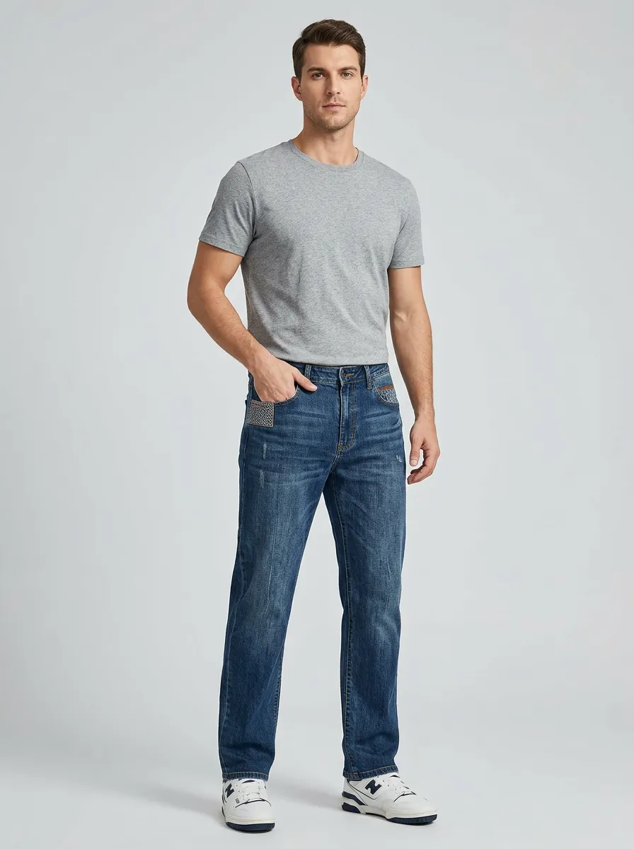 Straight Leg Distressed Finish Pocket Detail Geometric Graphic Men's Loose Fit Jeans