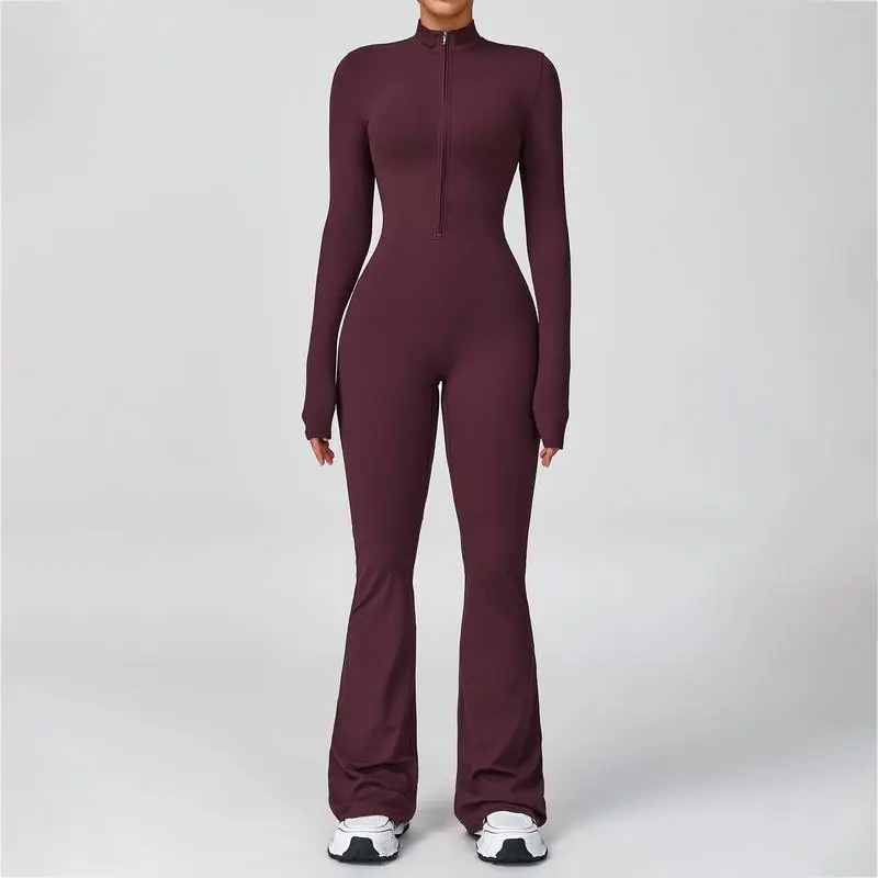 Women's Long Sleeve Flared Sports Jumpsuit - Zipper Jumpsuit, Wide Leg Bodysuit, Sexy One-Piece Yoga Jumpsuit