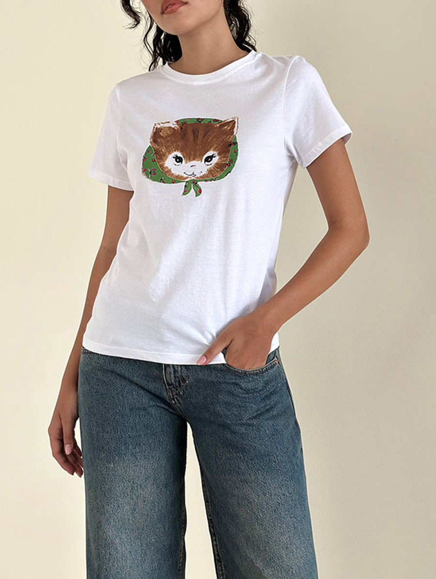 Kitty Print White Tee