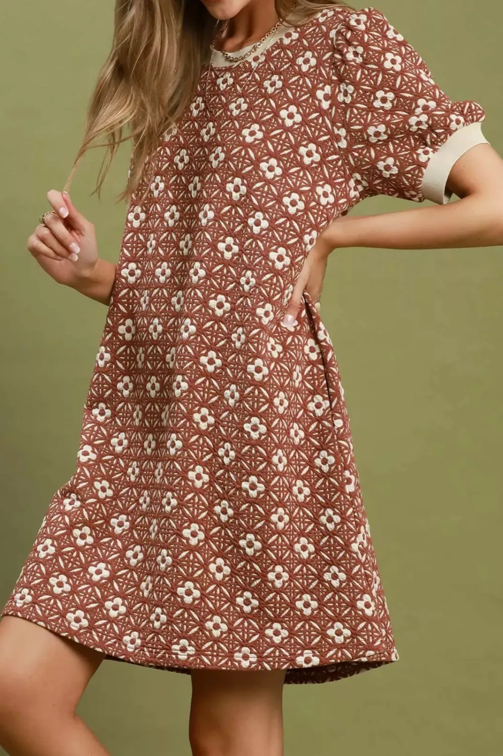 Floral Textured Puff Sleeve Mini Dress