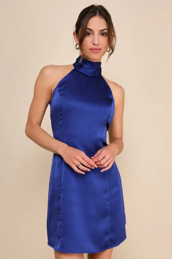 Infinite Admiration Royal Blue Satin Halter Mini Dress