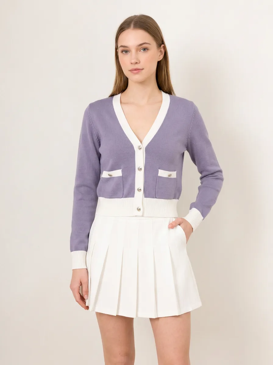 Women's Purple White Contrast Trim V-Neck Buttoned Cardigan