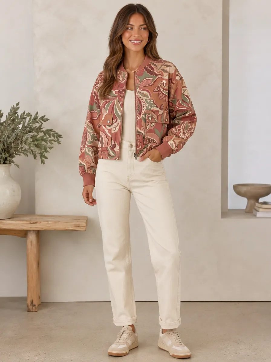 Women's Boho Paisley Floral Ribbed Trim Bomber Jacket
