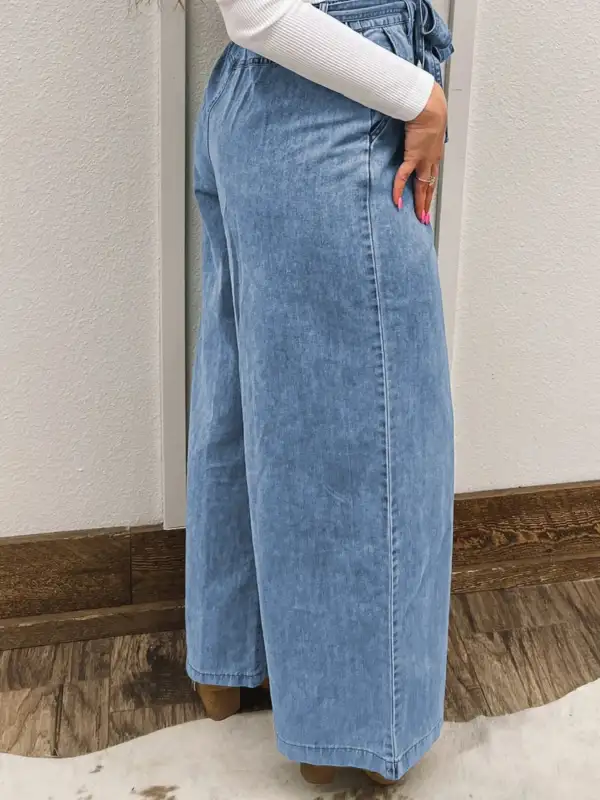 High Waisted Wide Leg Belted Denim Jeans