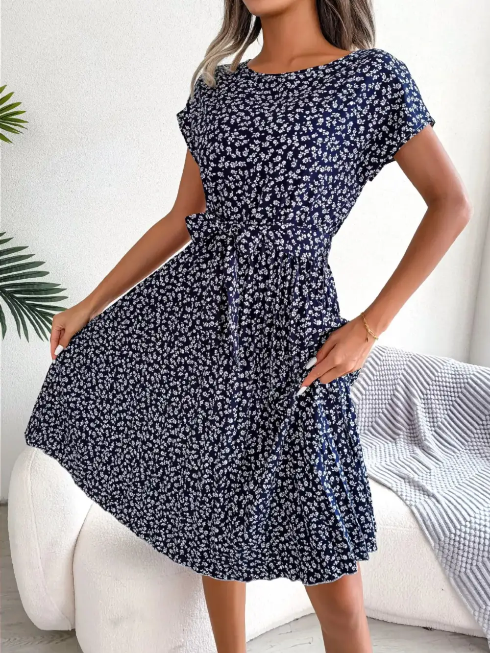 Print Pleated Midi Dress with Belt