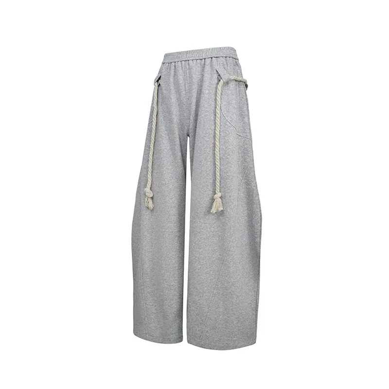 Grey Rope-Detail Curved Cotton Pants