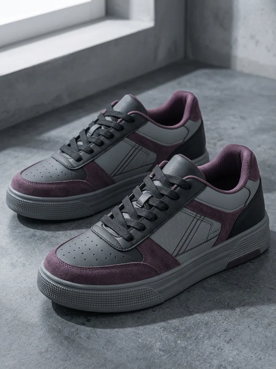 Women's Casual Fashion Grey Purple Suede Panel Printed Sneakers