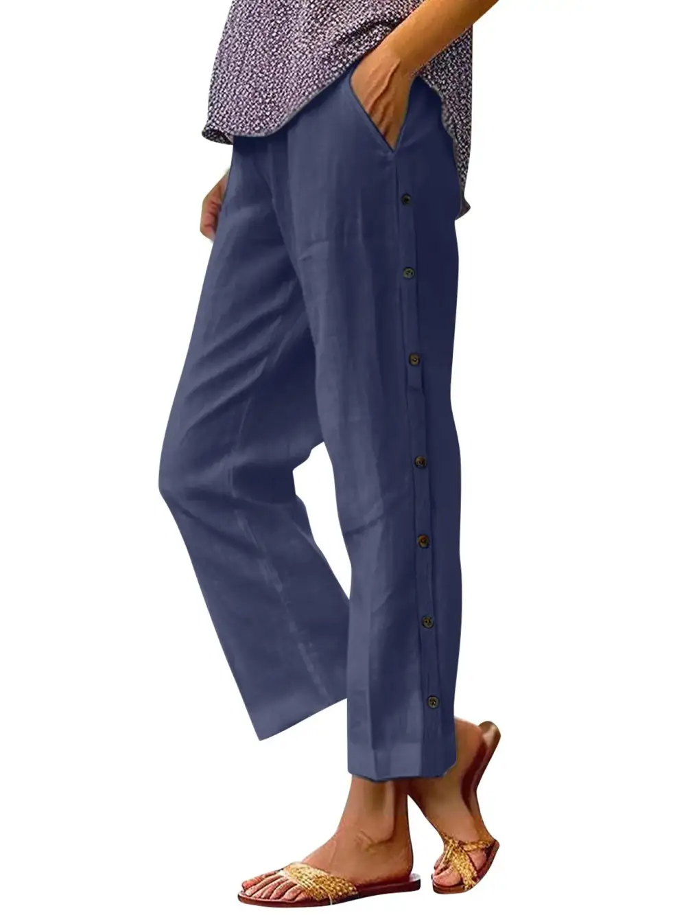 Side Decor Button Casual Wide Leg Pants