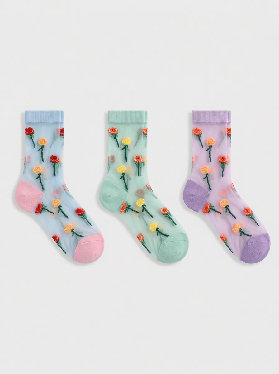 Women's Pastel Floral Sheer Crew Socks - of 3 3-Pack