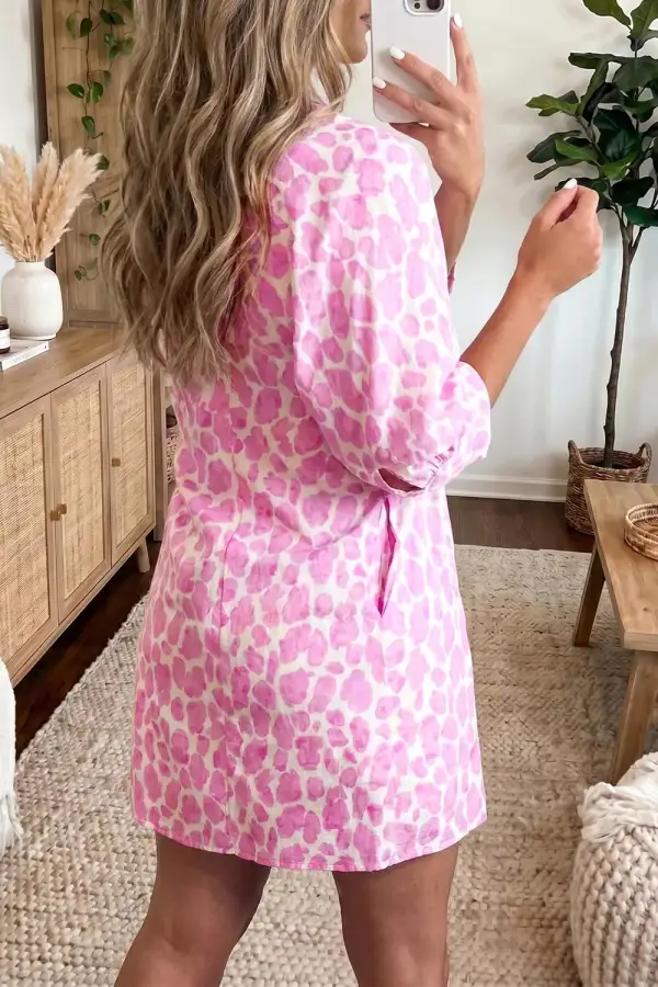 Abstract Leopard Print Tie Waist Puff Sleeve Mini Shirt Dress