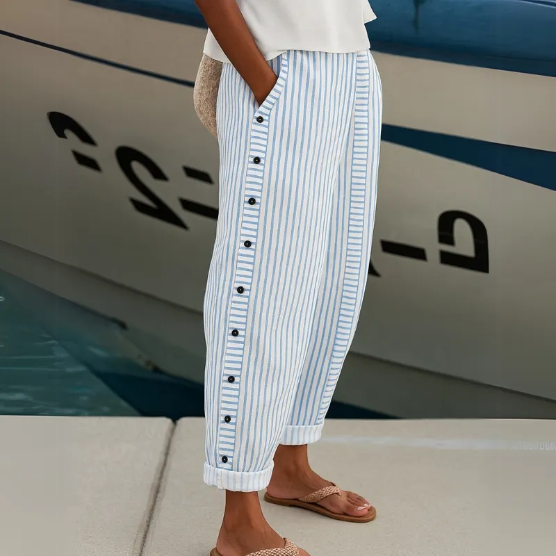 Button-detail Striped Trousers
