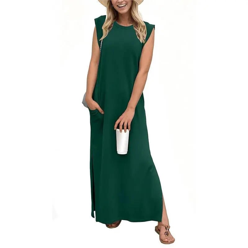 6PACK-Summer Round Neck Casual Loose Split Wrinkle-Free Long  Dress