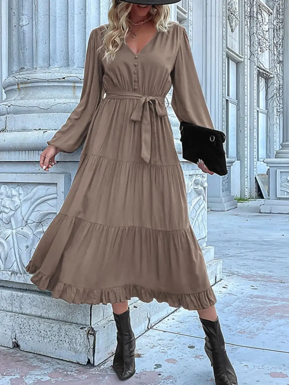 Smooth Finish V Neck Ruffle Dress