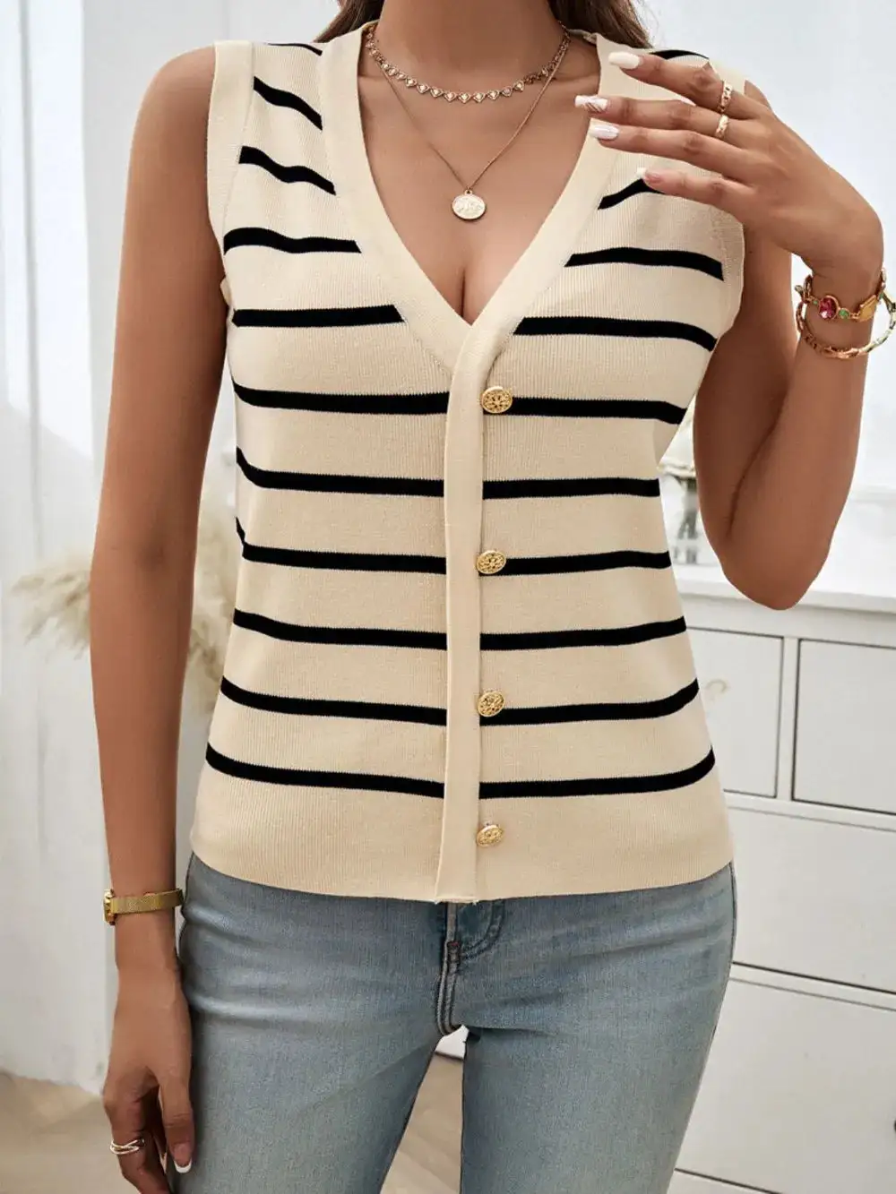 Striped V-Neck Knit Tank With Sheer Detail