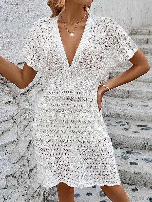 Relaxed Short Sleeve Hollow See Through Solid Color Deep V Neck