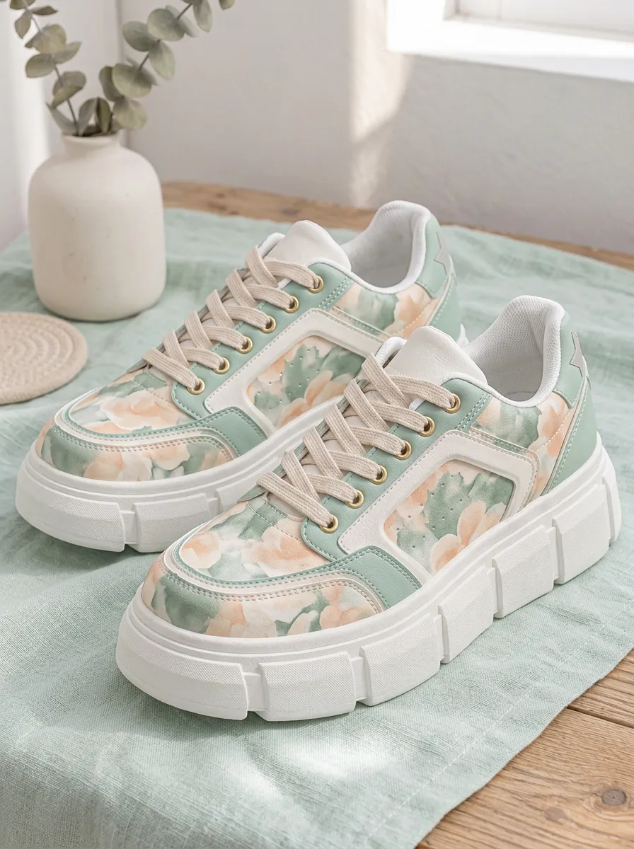 Women's Floral Pattern Sage Green Printed Sneakers