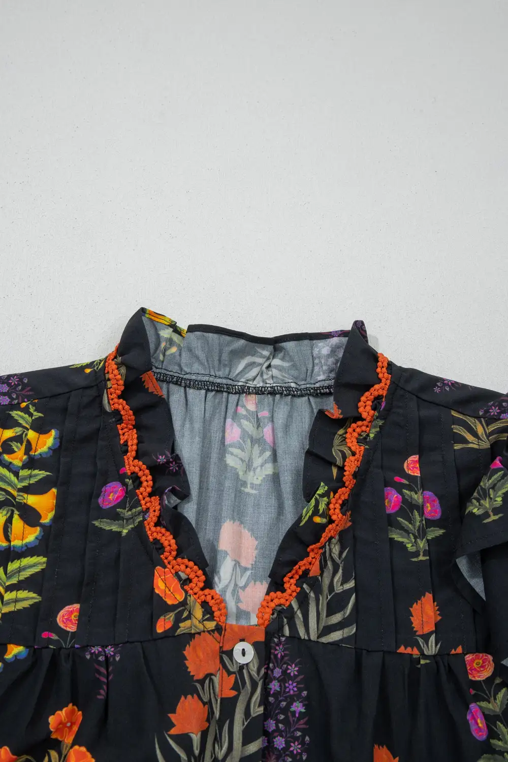 Black Floral Print Lace Trim Frilled V Neck Short Sleeve Shirt
