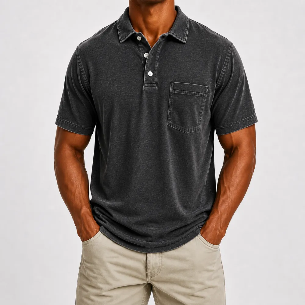 Men's Washed Cotton Blend Pocket Polo Shirt, Lightweight Breathable 3-Button Relaxed Fit