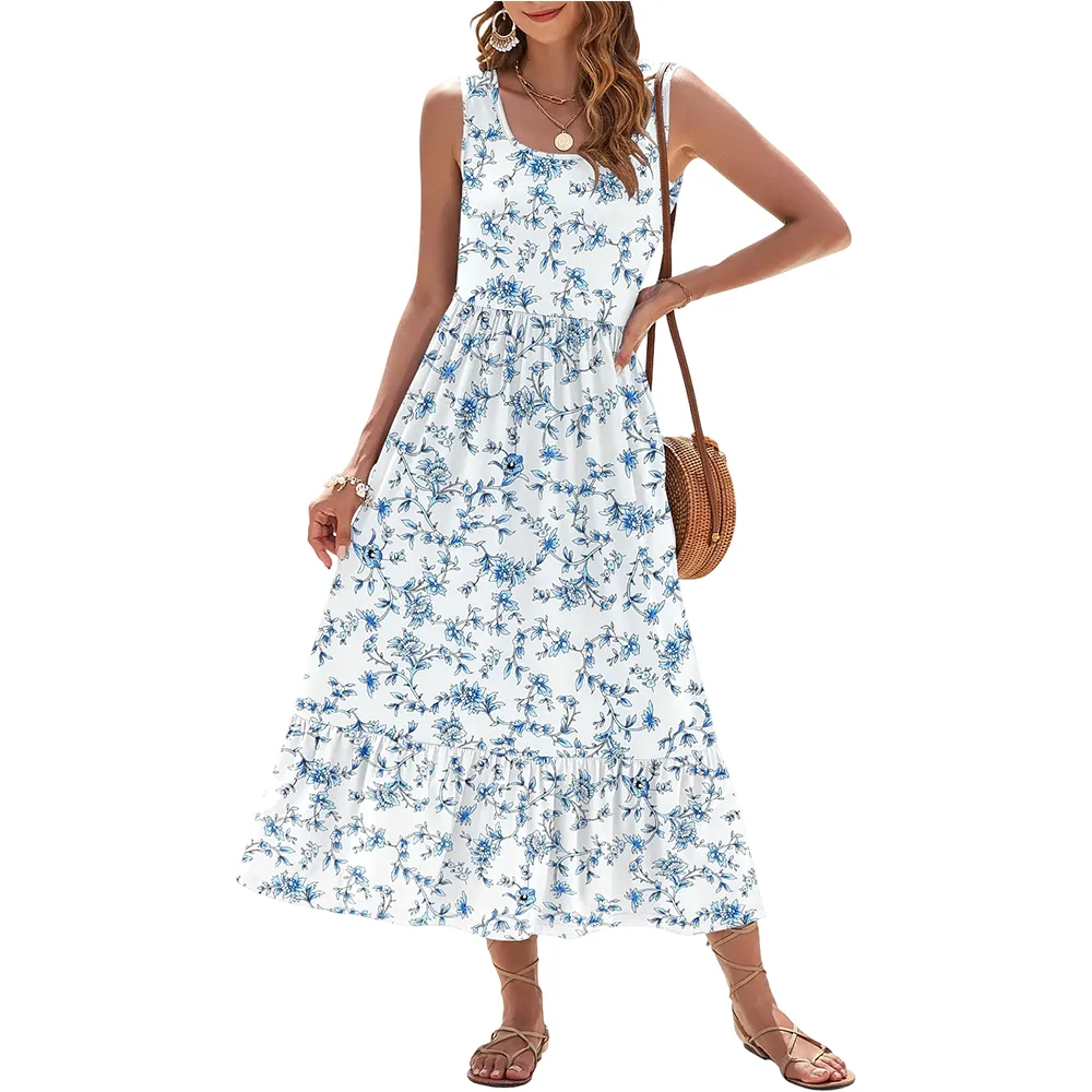 Women's Square Neck Sleeveless Floral Tiered Maxi Dress With Pockets