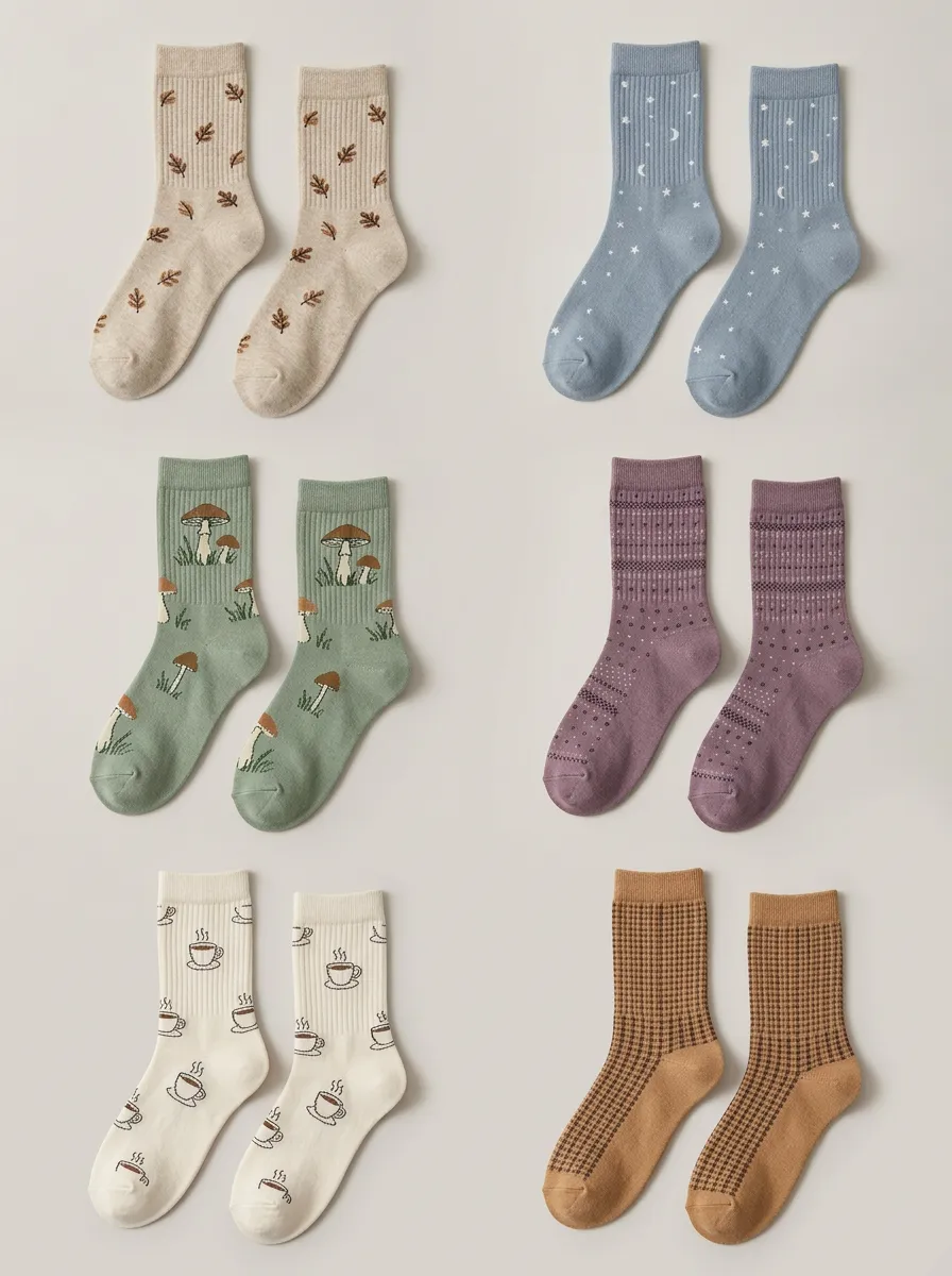 Women's Nature Celestial Pattern Crew Socks Six Pair Set