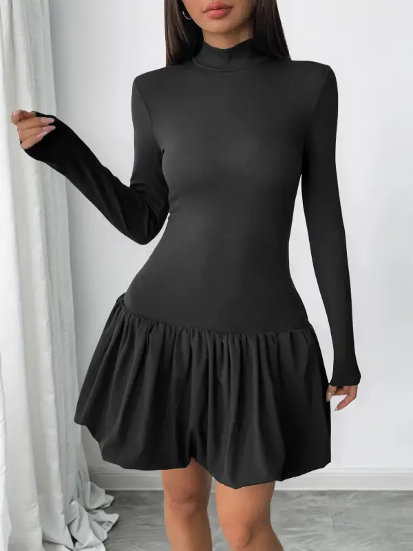 Textured Detail Mock Neck Long Sleeve Dress
