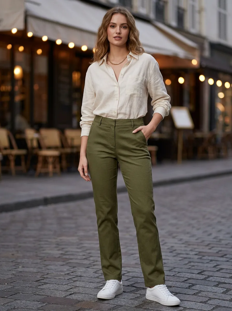 Women's Smooth Look Pants in Olive with Slim Fit Cut